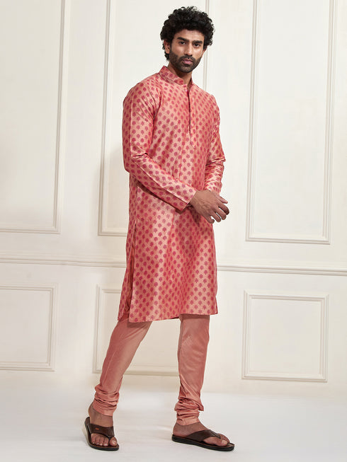 VASTRAMAY Men's Pink Cotton Silk Blend Kurta
